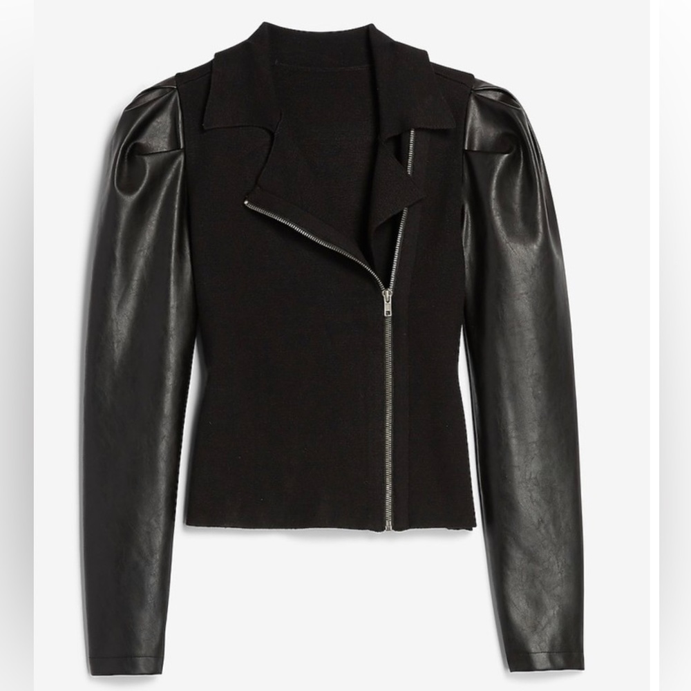 Brand NEW Express VEGAN LEATHER PUFF SLEEVE ASYMMETRICAL ZIP SWEATER JACKET - Picture 2 of 3